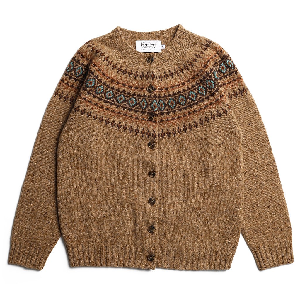 Tan wool cardigan by Harley of Scotland with a brown and turquoise Fair Isle yoke, round neckline, and button front.