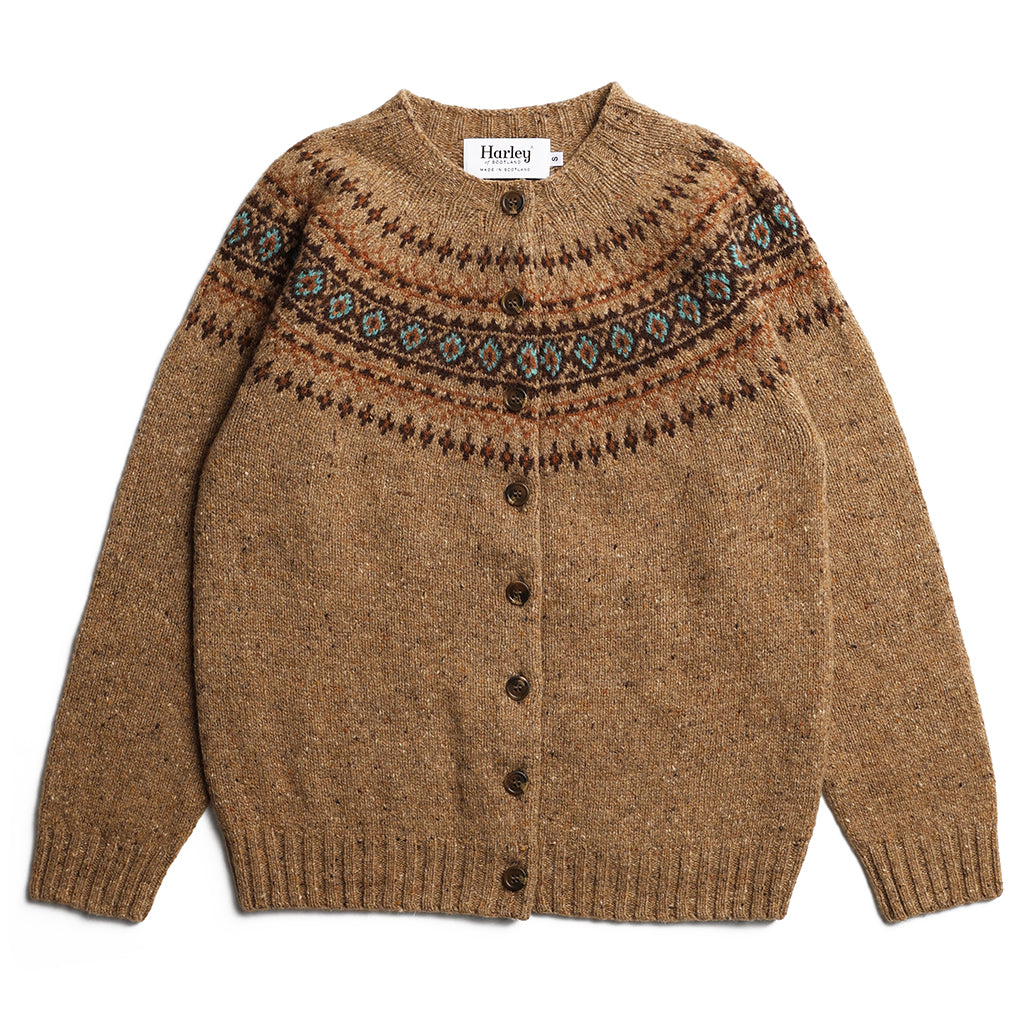 Tan wool cardigan by Harley of Scotland with a brown and turquoise Fair Isle yoke, round neckline, and button front.