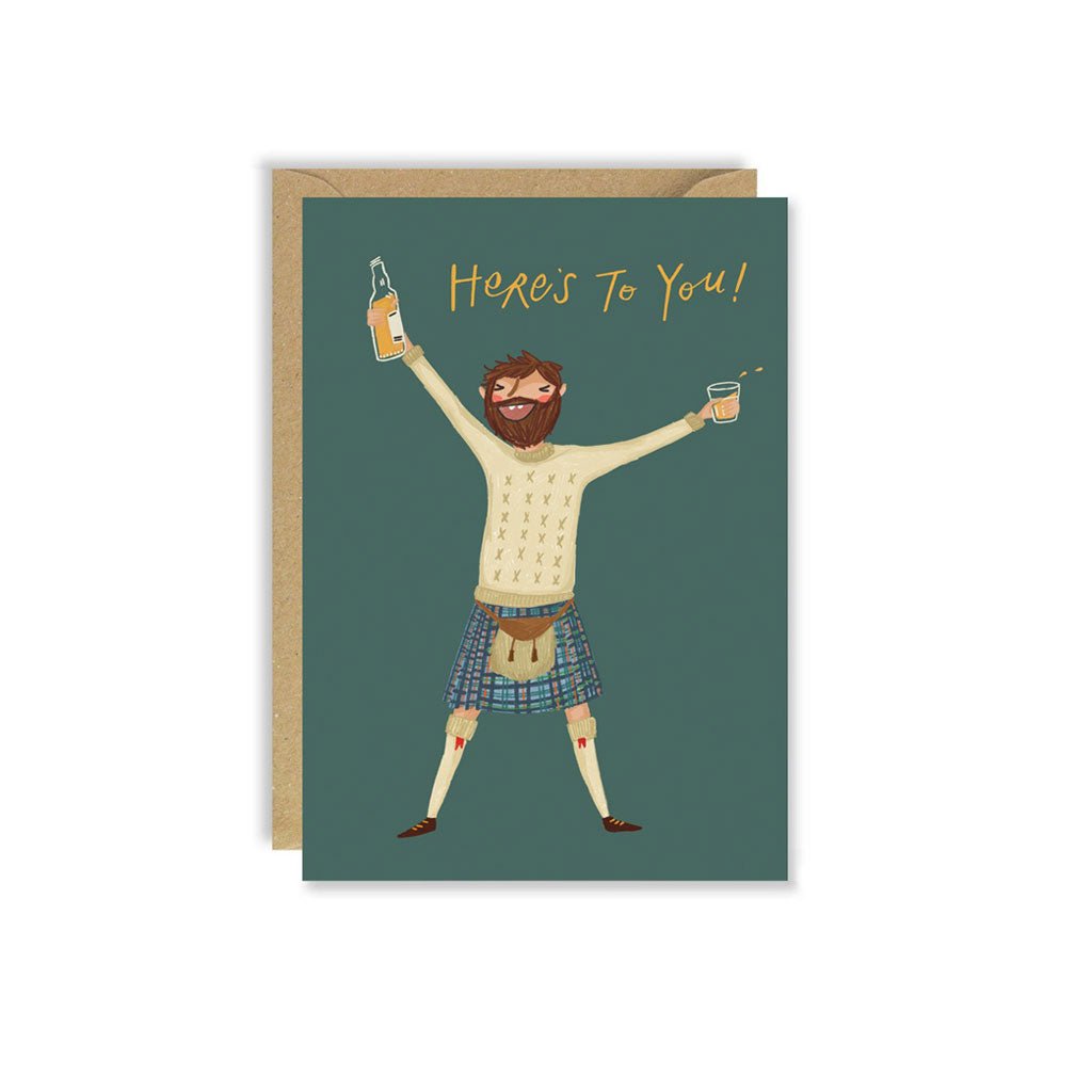 Greeting card with kilted irishman with text here's to you!