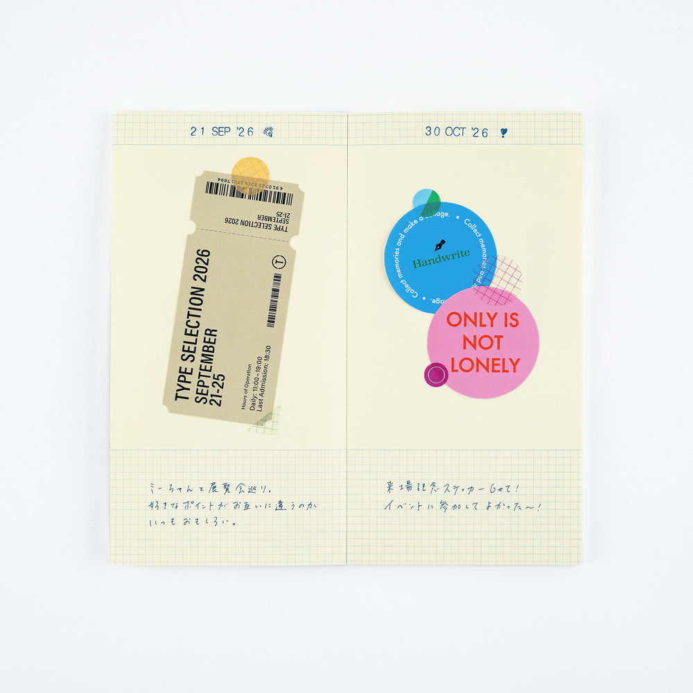 A two-page planner spread or notebook spread on a white background. The pages are cream-colored with a light yellow grid pattern, featuring a paper ticket graphic, blue and pink circular stickers, and handwritten Japanese text.