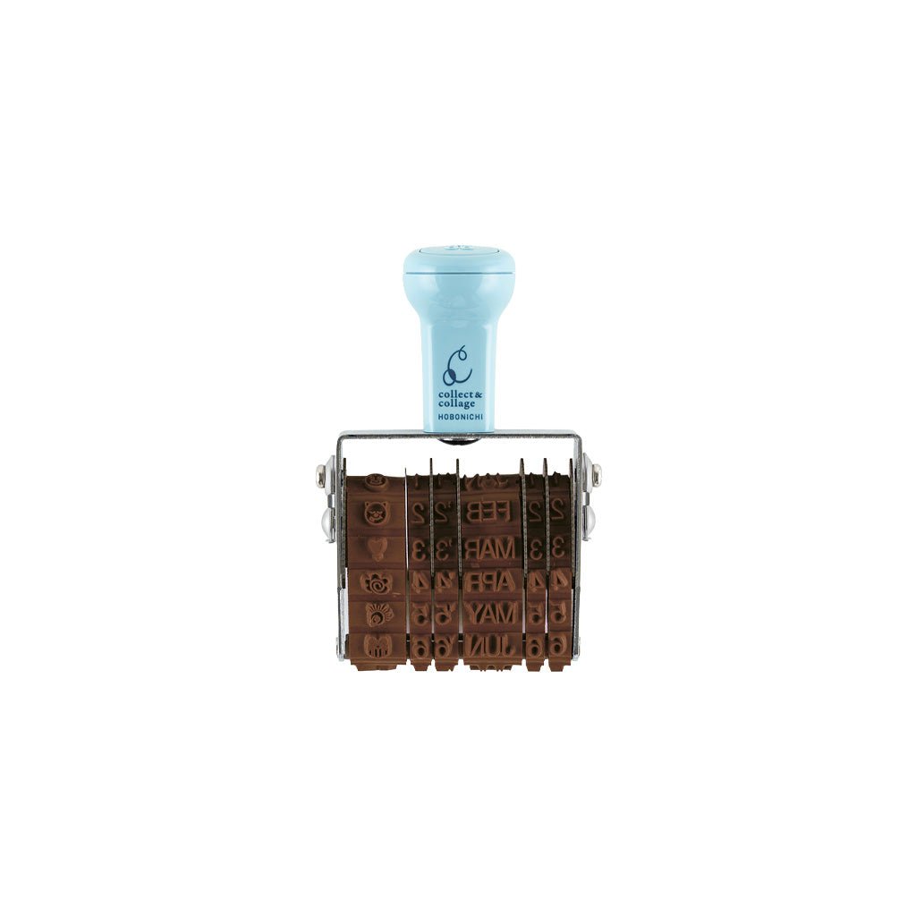 A rubber rotary stamp with a light blue handle and a metal frame holding multiple brown rubber letter stamps, shown on a plain white background.