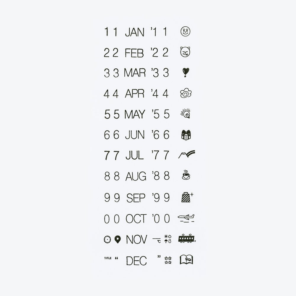 A set of inked stamp designs showing numbers and months with small corresponding symbols, on a light gray background.