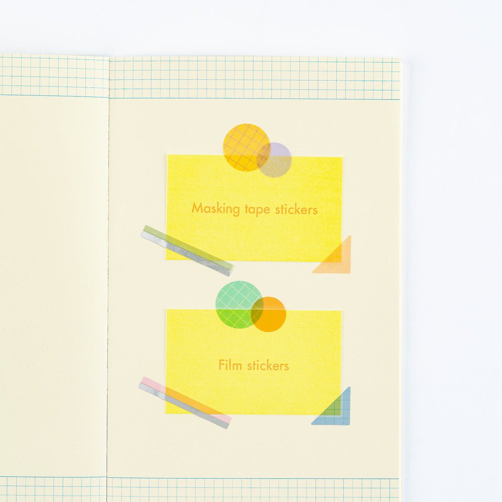 A close-up of a stationery page showing two yellow sticky note-style labels with printed text reading 'Masking tape stickers' and 'Film stickers,' decorated with overlapping colored geometric-shaped patterned stickers.