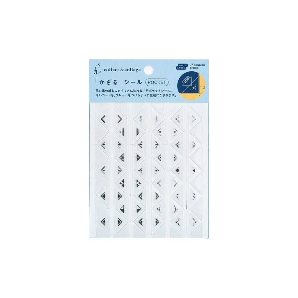 A package of collect & collage 'Pocket' adhesive stickers, featuring various geometric and arrow designs on a white sheet inside a light blue and yellow blister pack.