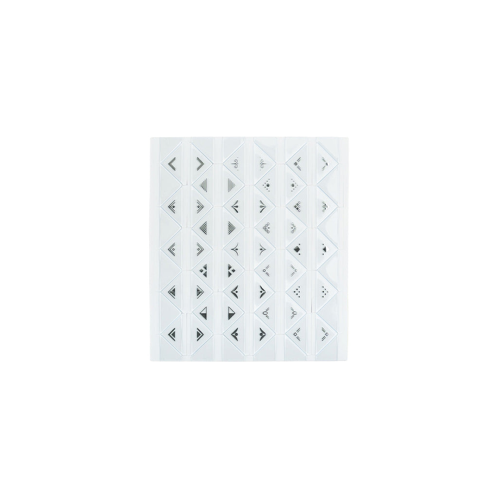 A sheet of collect & collage 'Pocket' adhesive stickers, featuring various geometric and arrow designs on a white sheet.