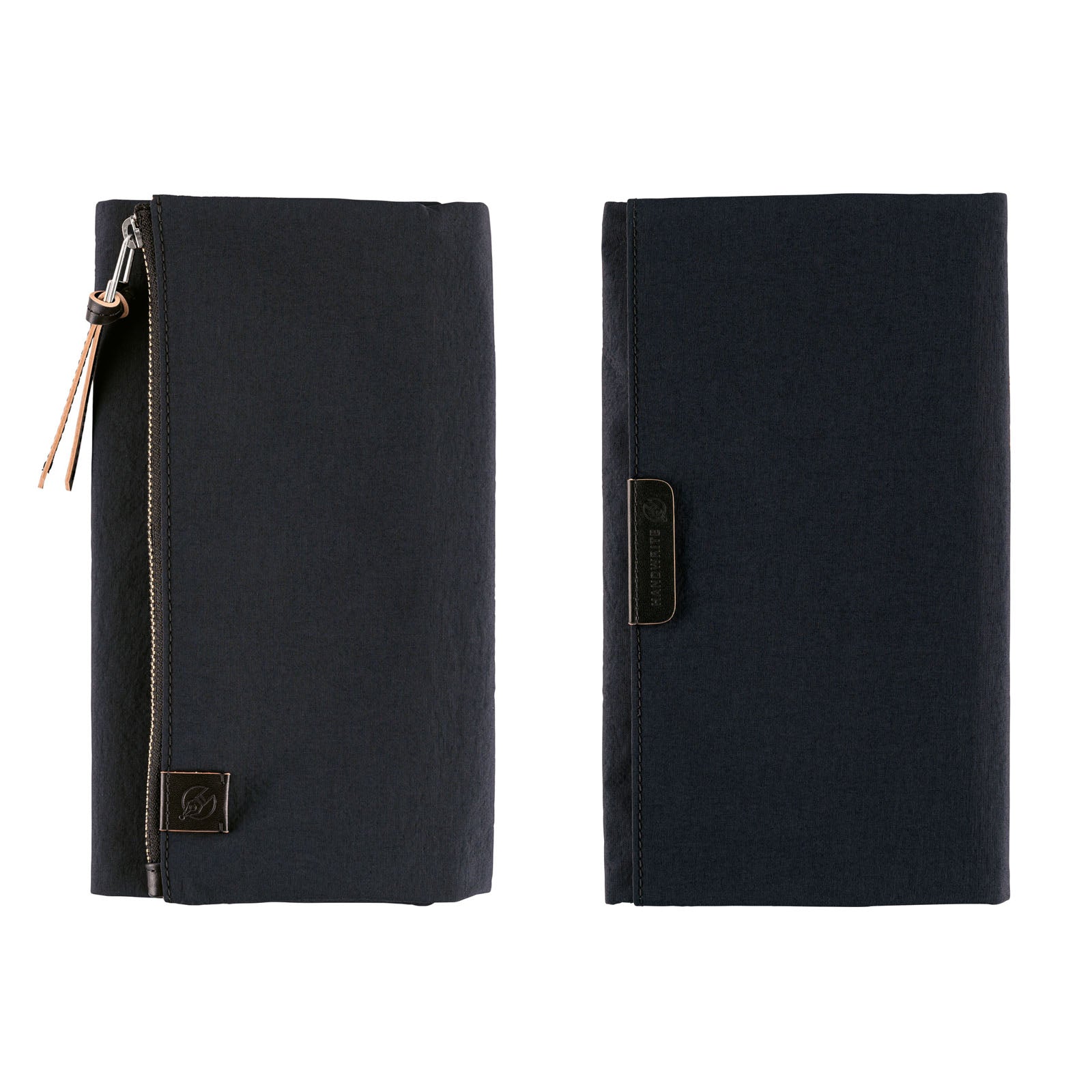Black Hobonichi Techo Weeks Tragen cover with zippered pocket on white background