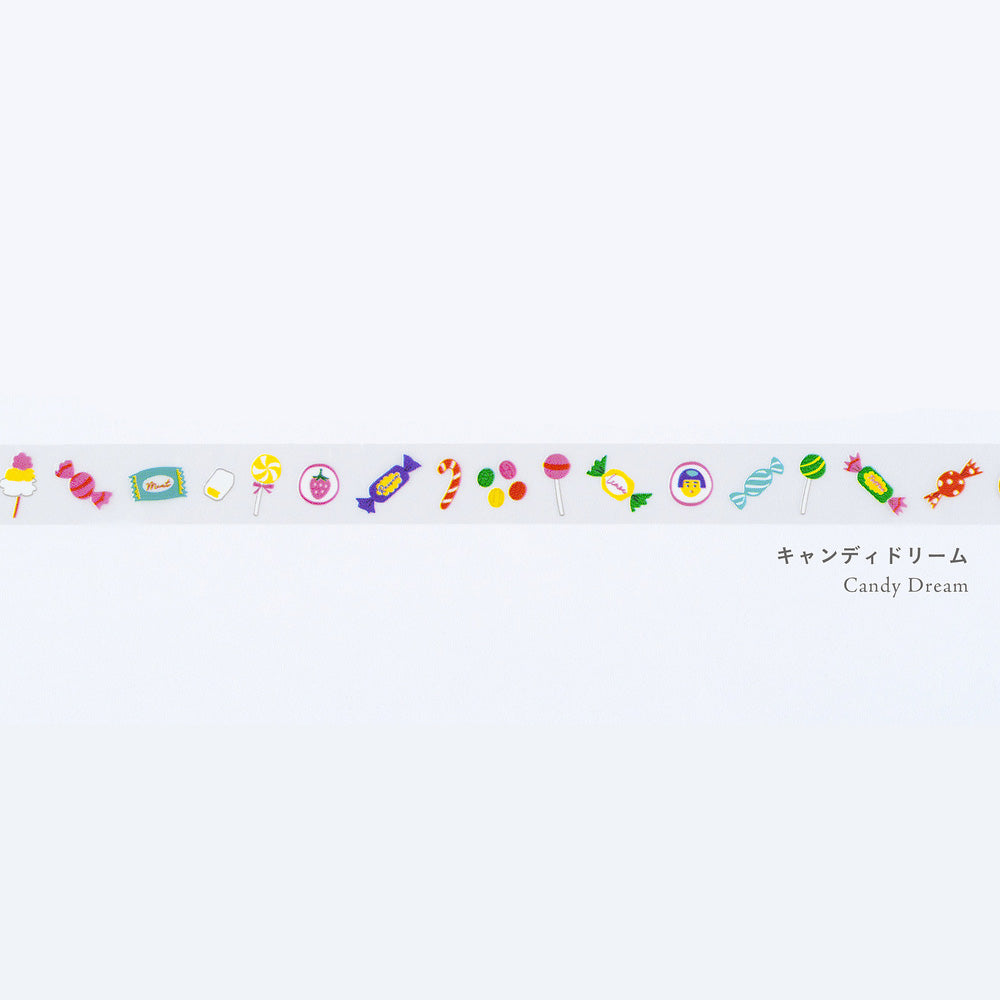 A horizontal strip of colorful candy-themed decorative tape on a white background, with the text 'Candy Dream' and Japanese characters printed to the right.