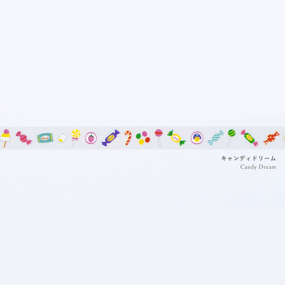A horizontal strip of colorful candy-themed decorative tape on a white background, with the text 'Candy Dream' and Japanese characters printed to the right.