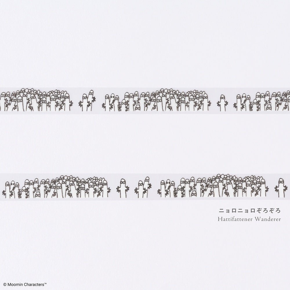 Strips of Deco Rush tape with black Hattifattener character design from Moomin series on white background