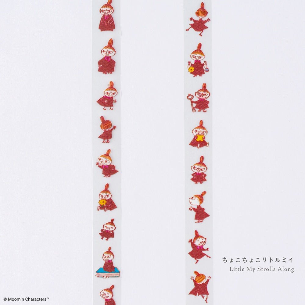 Two narrow strips of decorative tape featuring the Moomin character Little My Rolls in a red robe, shown on a plain white background with Japanese text reading 'Little My Strolls Along' and a Moomin Characters copyright mark.