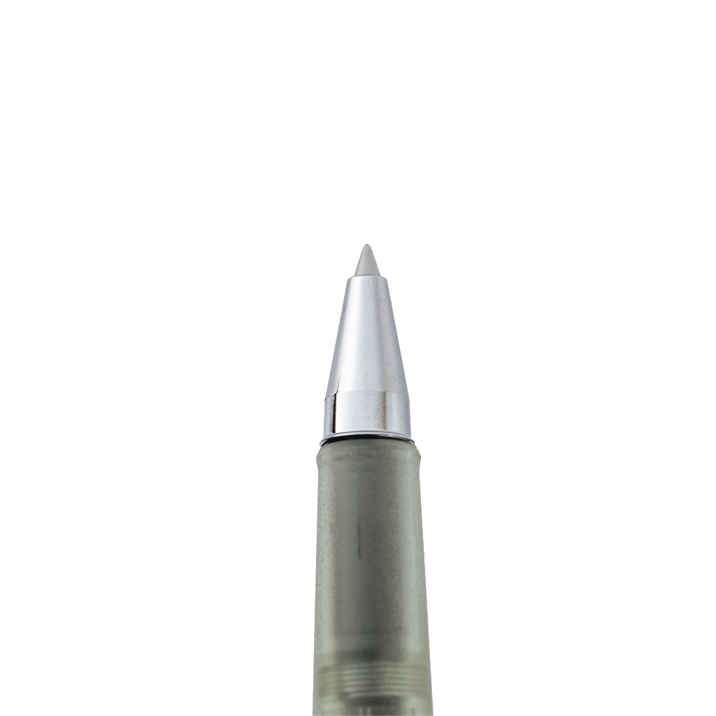 Close-up of a rollerball pen tip and upper barrel in a translucent smoky gray color with a shiny silver metal tip, isolated on a white background.