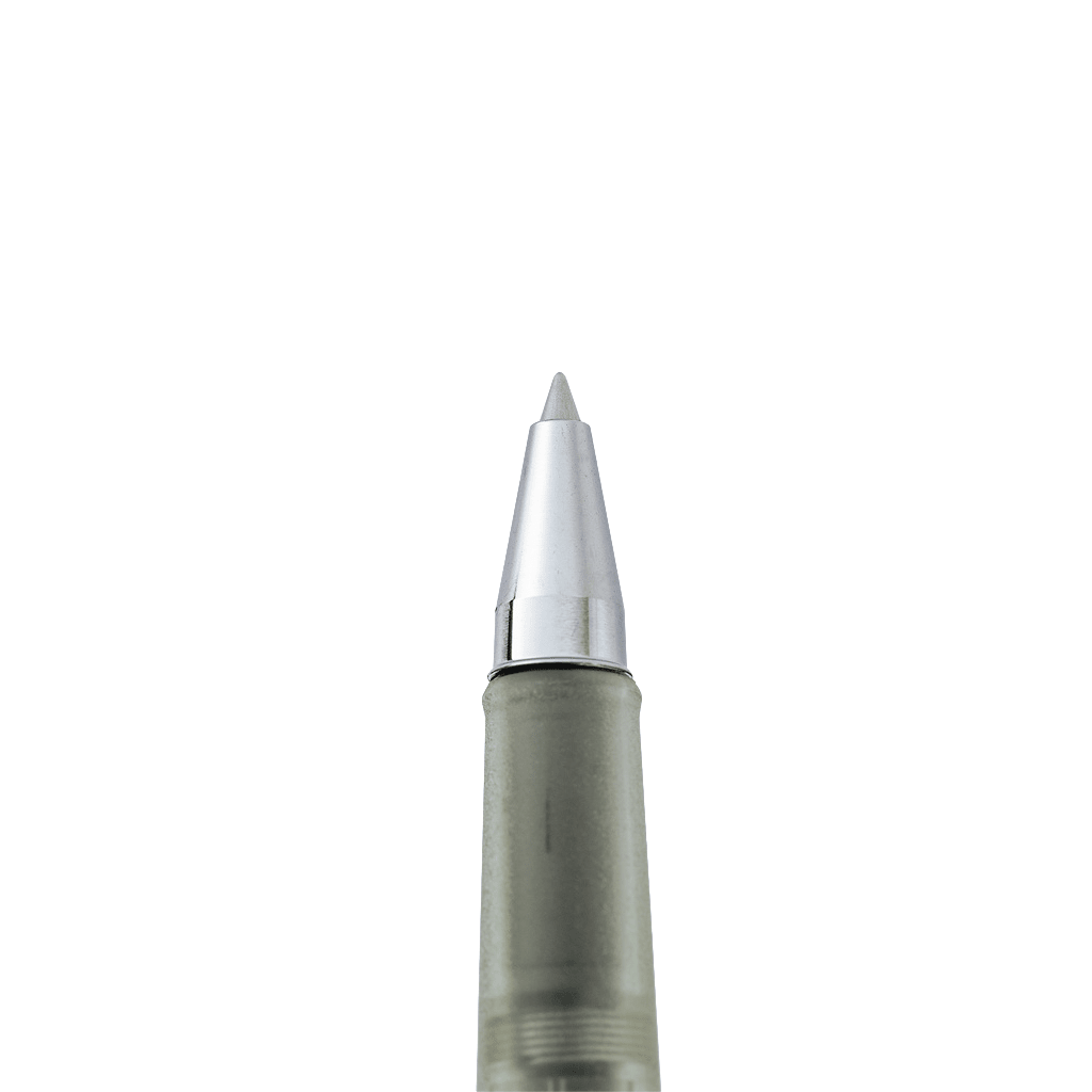 Close-up of a rollerball pen tip and upper barrel in a translucent smoky gray color with a shiny silver metal tip, isolated on a white background.