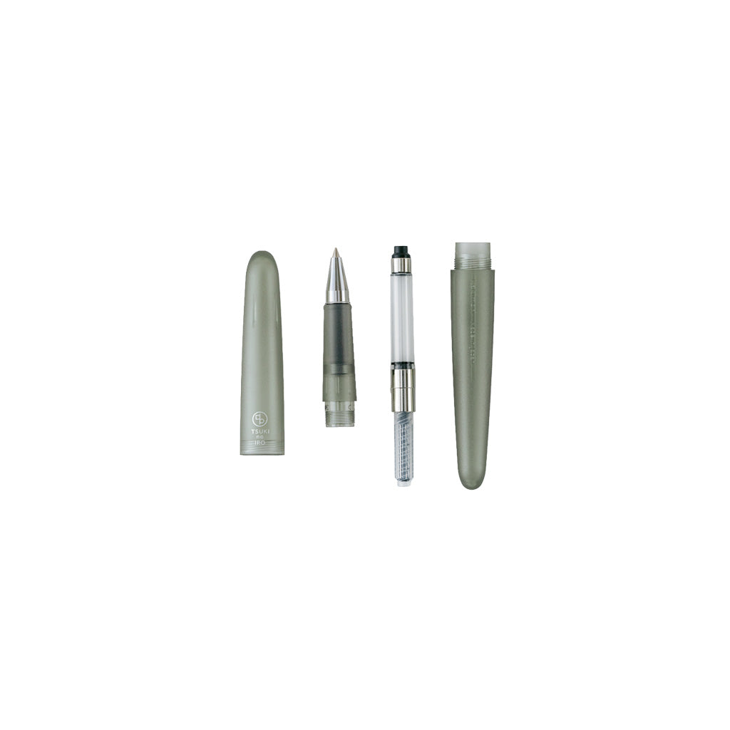 A disassembled TSUKI no IRO Kakimori rollerball pen set showing the cap, barrel, and refill components on a plain white background.