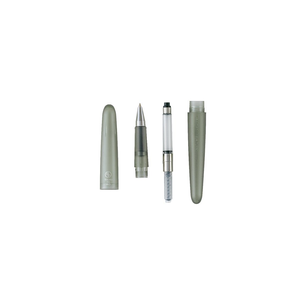 A disassembled TSUKI no IRO Kakimori rollerball pen set showing the cap, barrel, and refill components on a plain white background.