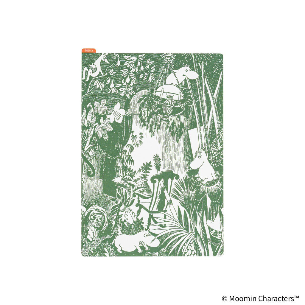 A rectangular A5-sized pencil board with green Moomin jungle scene illustrated on the front against a white background