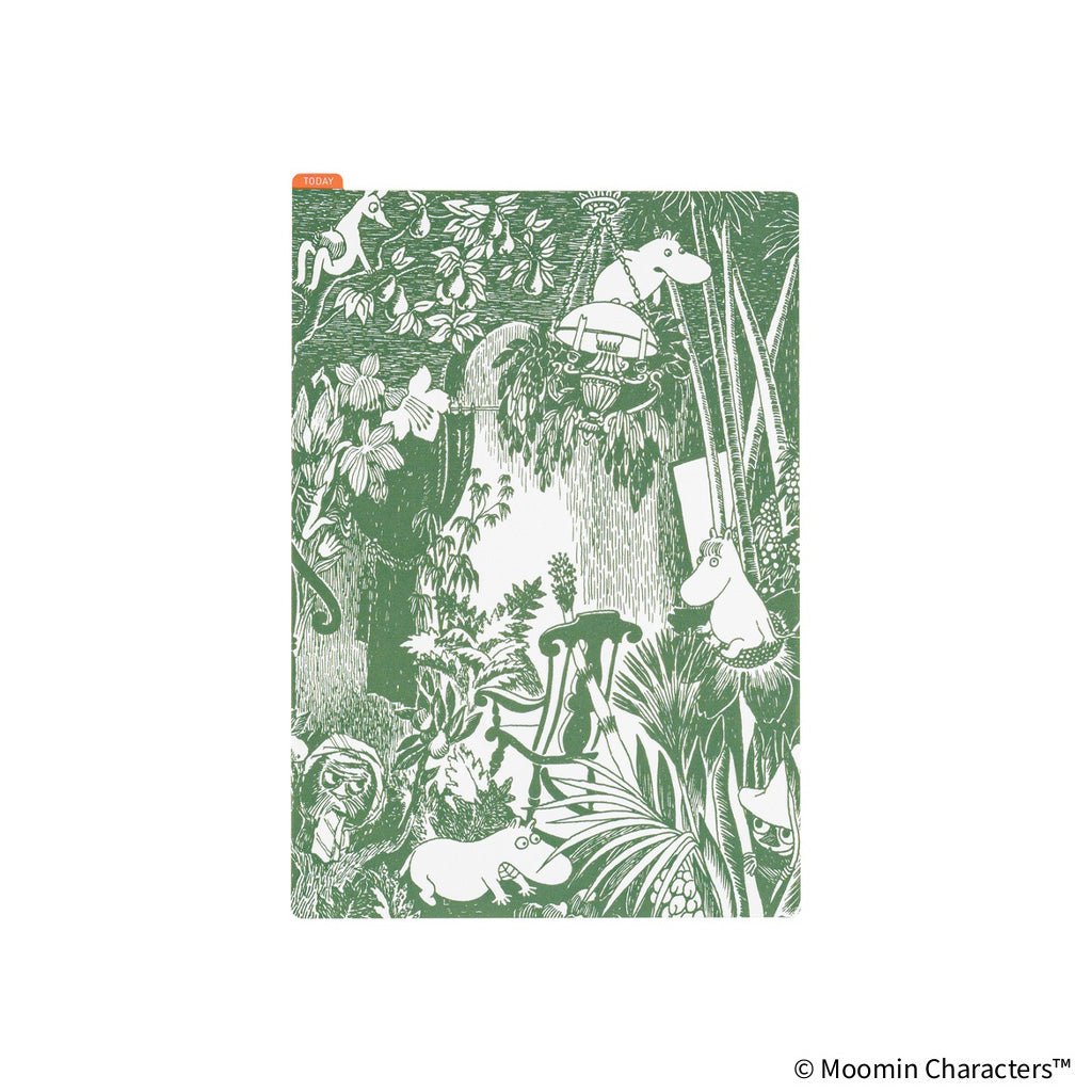 A rectangular A5-sized pencil board with green Moomin jungle scene illustrated on the front against a white background