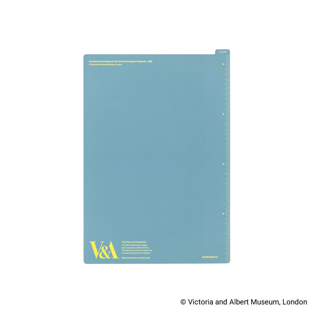 A light blue A5 pencil board with yellow printed text and measurement markings, displayed on a clean white background. The bottom-left corner features the yellow 'V&A' logo.