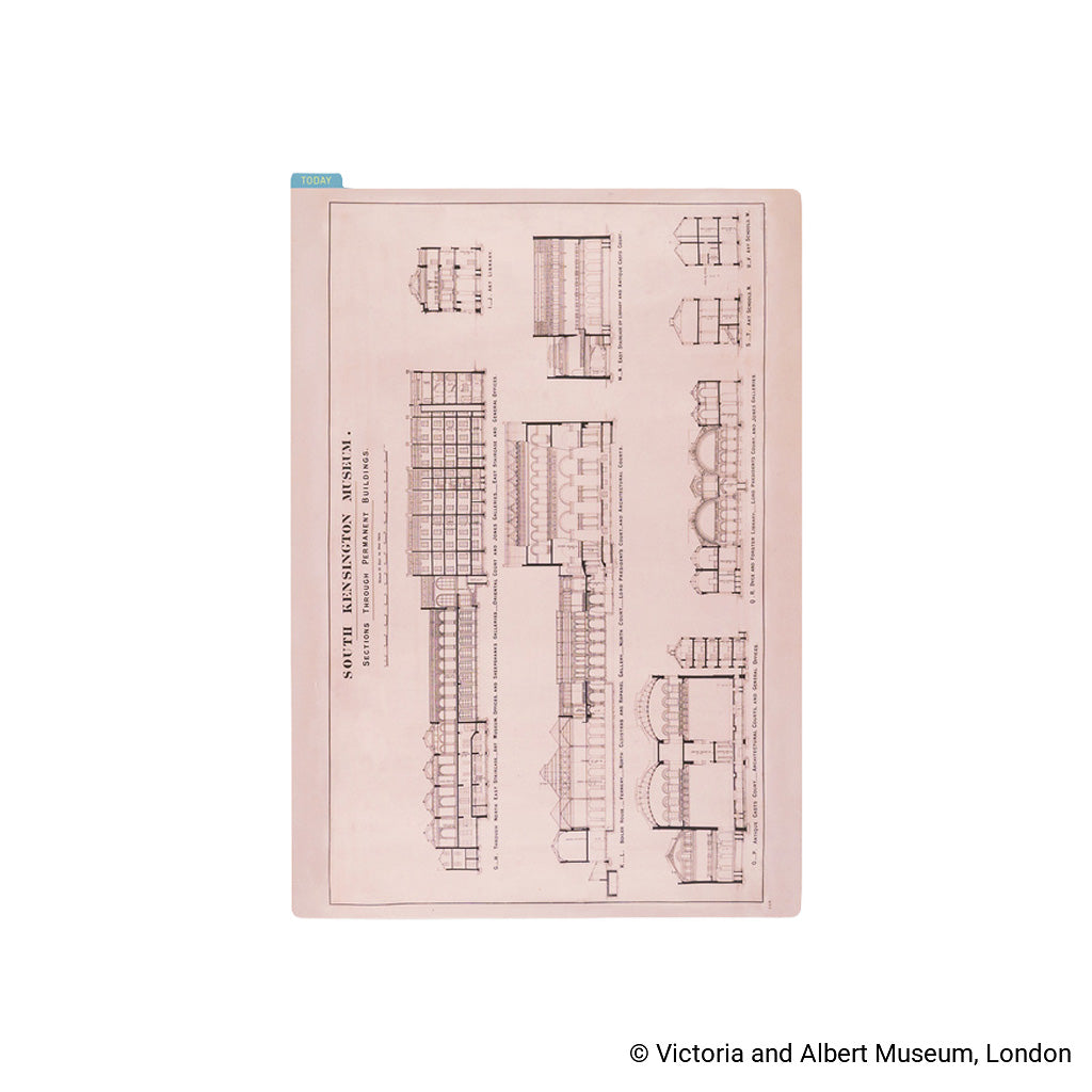 An A5-sized pencil board wtih a vintage architectural print titled 'South Kensington Museum' showing detailed black ink structural drawings on aged, warm pink paper, displayed against a clean white background.