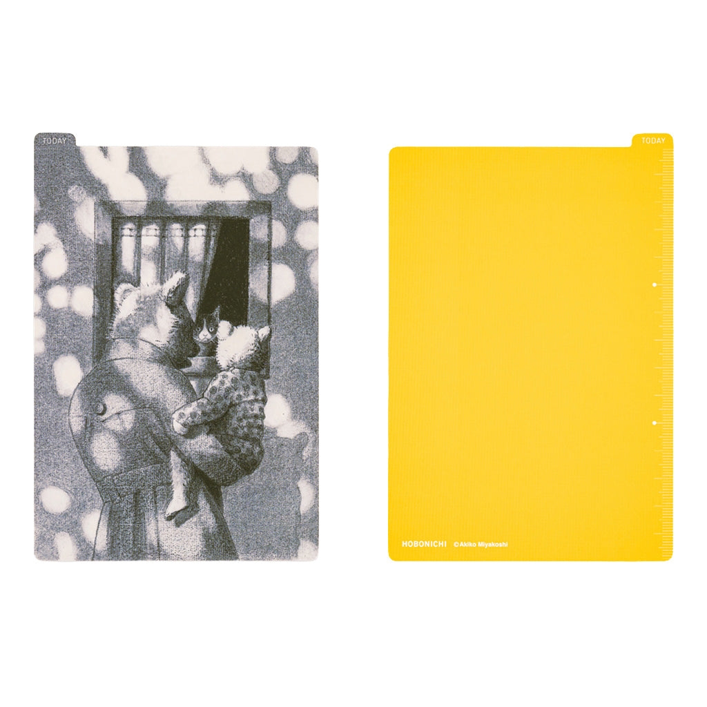 Front and back of rectangular pencil board for A6 Techo. The front has a black and white drawing of animals, and the back is a plain bright yellow color.
