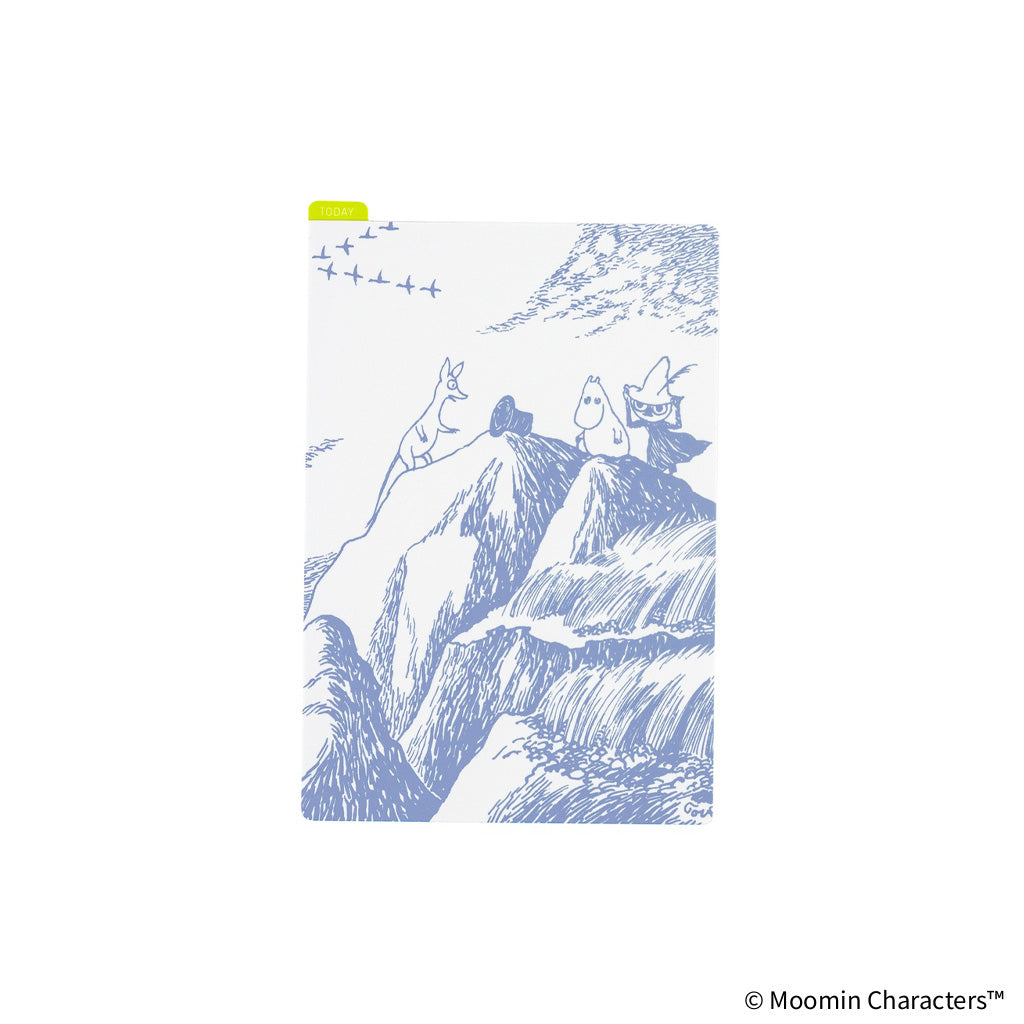 A rectangular A6-sized pencil board with blue Moomin illustration design against white background