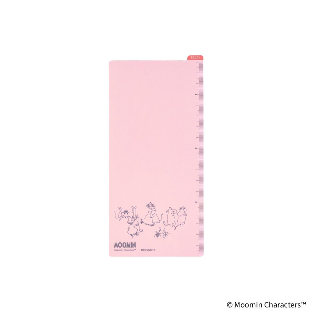 A pink Moomin character-themed pencil board for Techo Weeks on a white background, featuring purple line art illustrations of characters and the Moomin logo at the bottom.