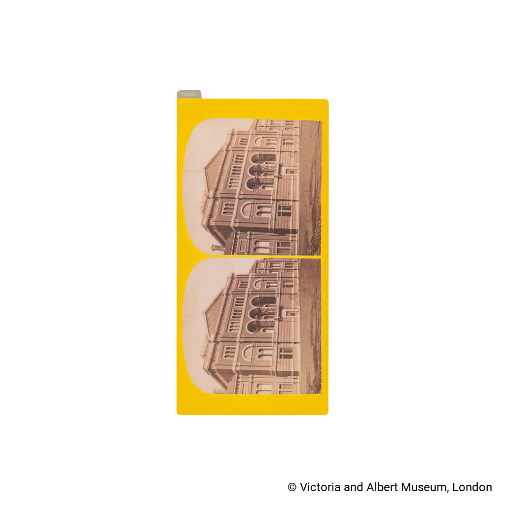 Front of pencil board for Techo Weeks with two photos of V&A Museum surrounded by yellow border on white background