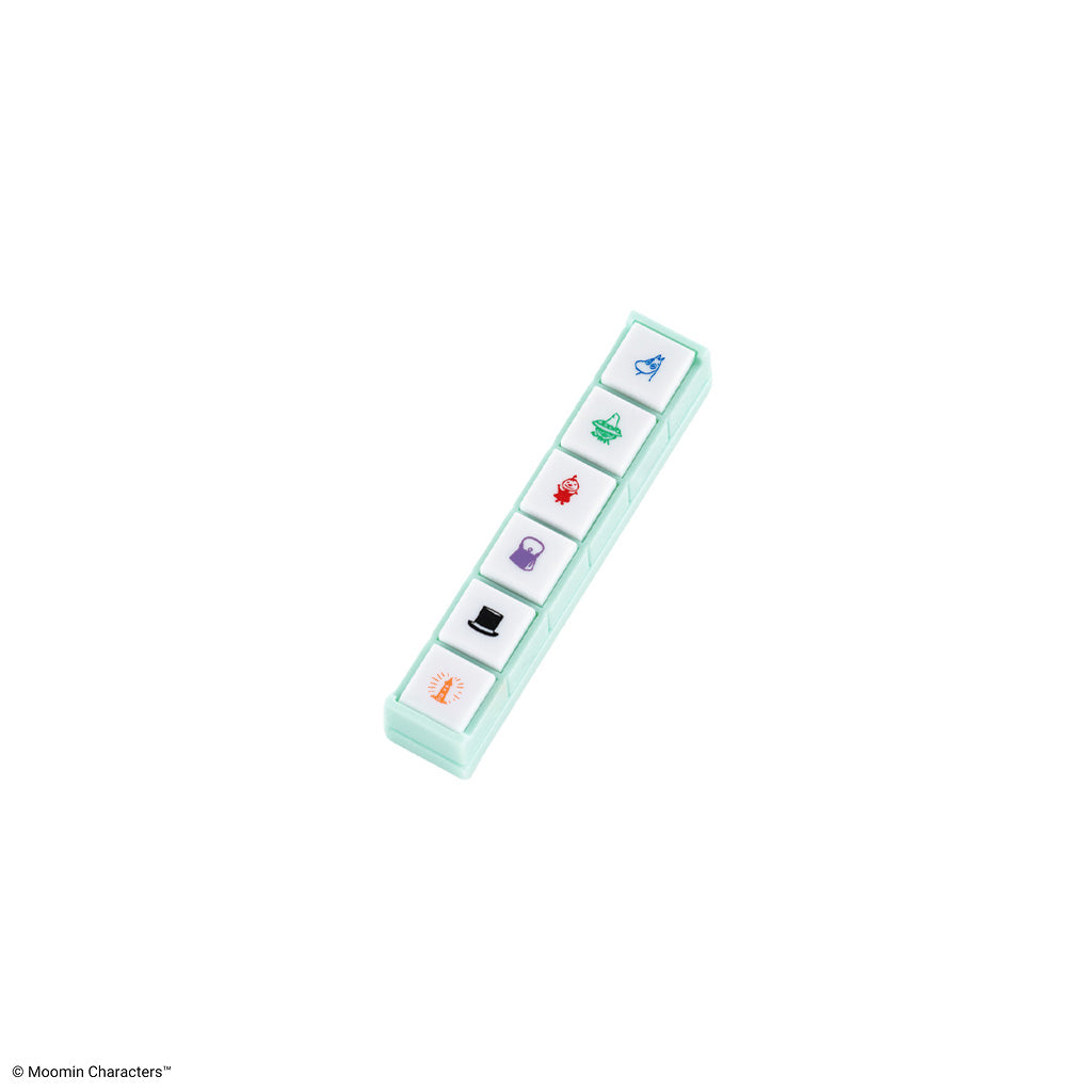 A mint green Pochitto6 push-style button stamp with six Moomin designs against white background