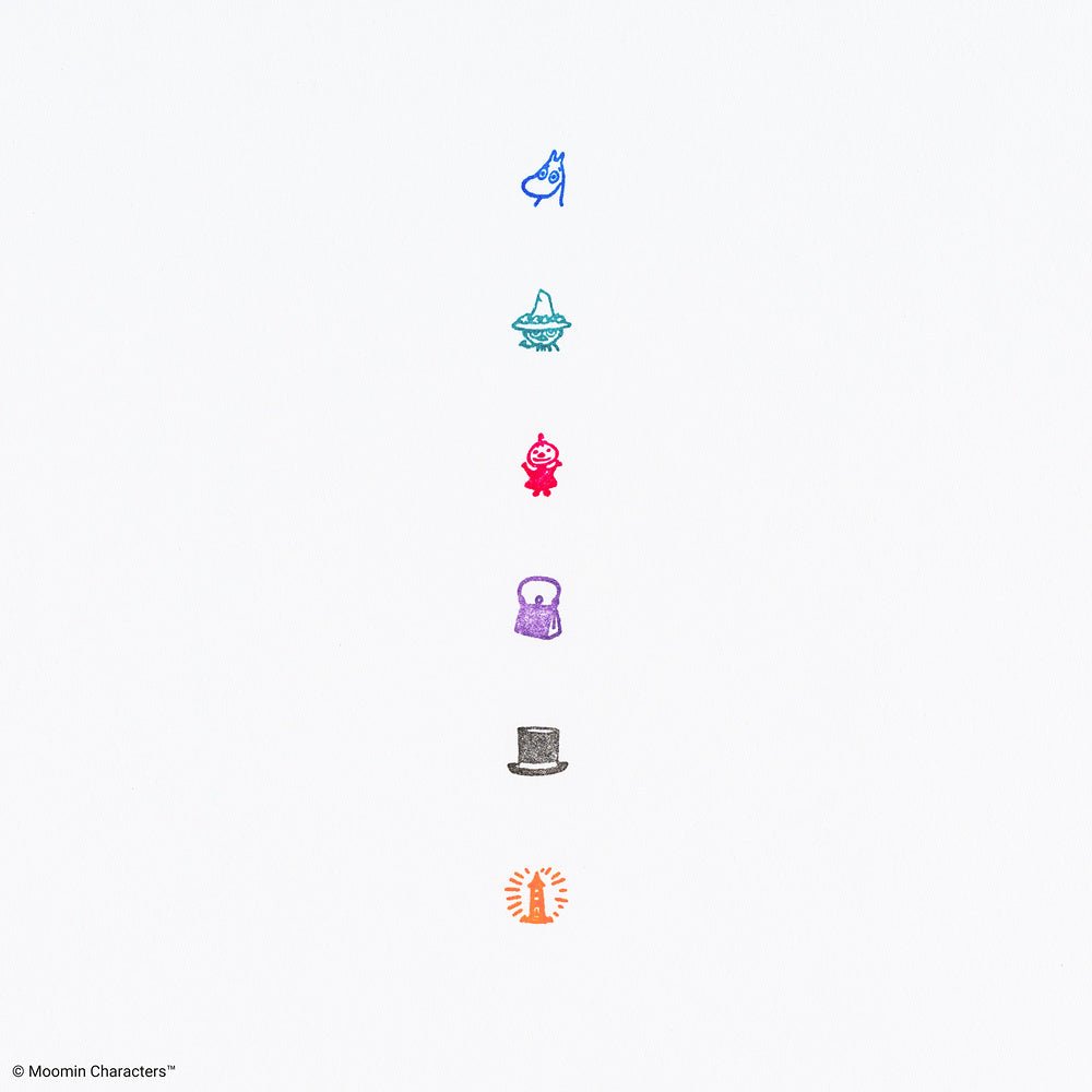 A vertical row of six small Moomin character and object icons on a plain white background, including blue, teal, pink, purple, gray, and orange illustrations.