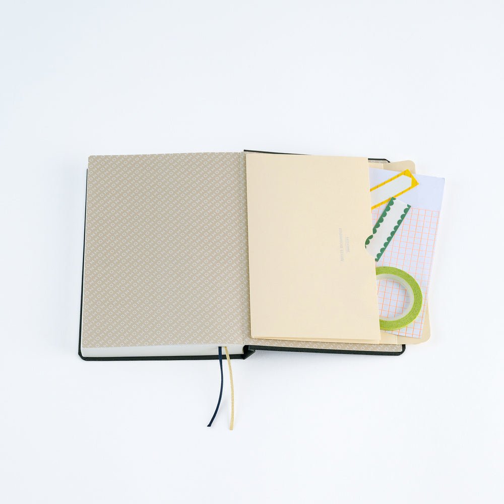 A6 pocket notebook folder with stationery supplies adhered to A6 Hobonichi Techo planner endpapers on white background