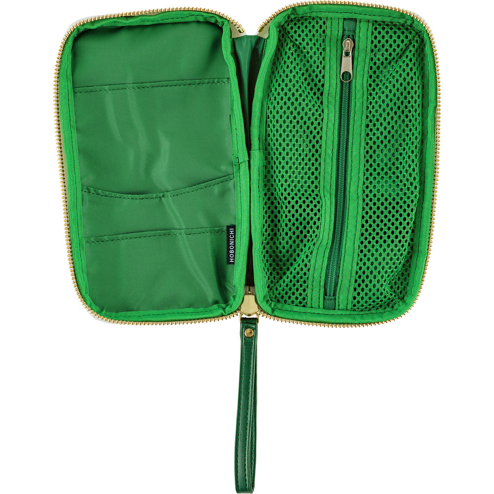 A green zippered organizer pouch shown open, featuring interior pockets, a mesh pocket on the right side, and gold-tone zipper trim on a white background.