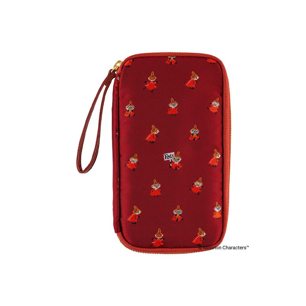 A red zippered pouch featuring an all-over repeating print of Moomin Character Little My, including a wrist strap and gold-tone zipper.