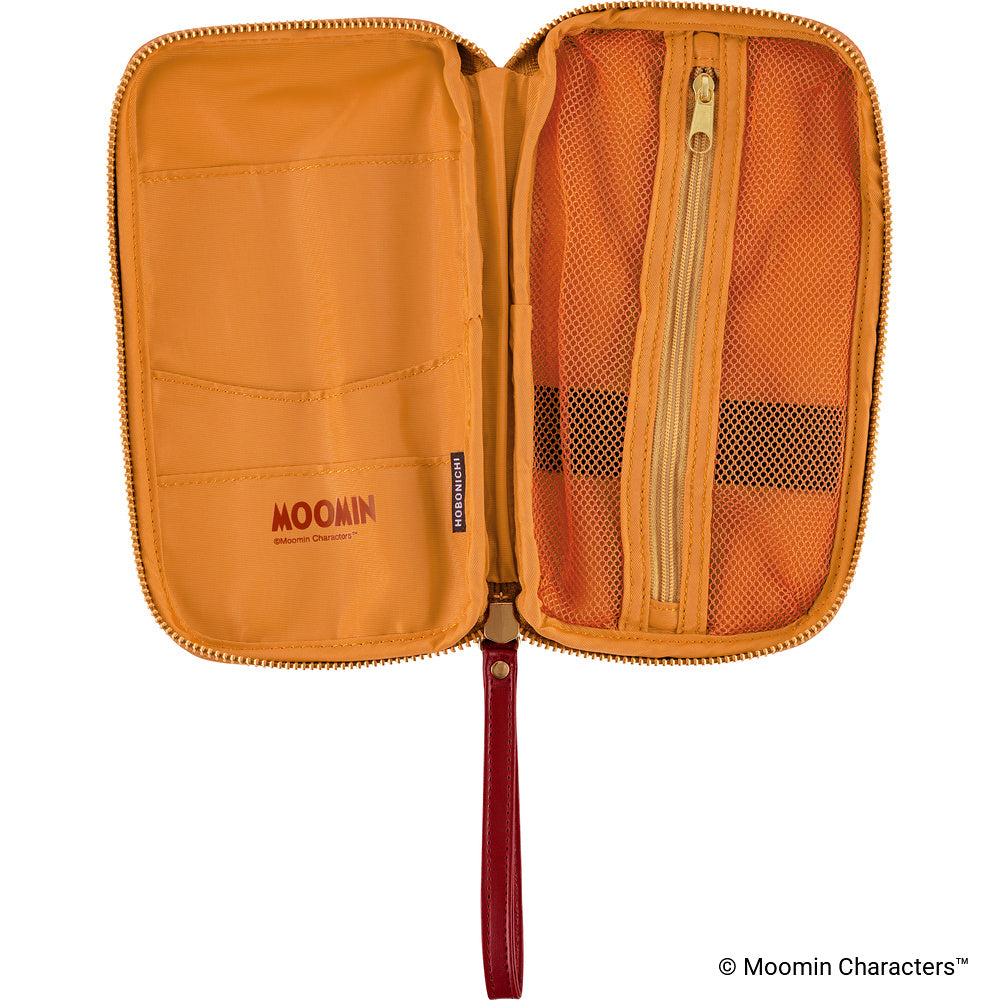 An open Moomin drawer pouch with an orange interior and multiple interior compartments, mesh pockets, and a red wrist strap, shown on a white background.