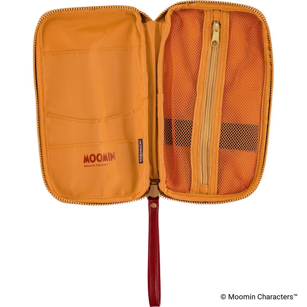 An open Moomin drawer pouch with an orange interior and multiple interior compartments, mesh pockets, and a red wrist strap, shown on a white background.