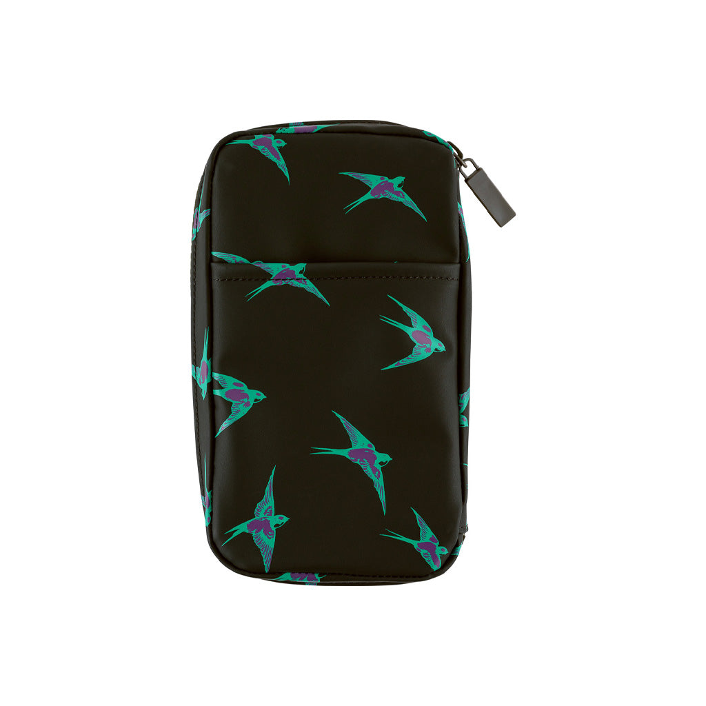 A black zippered pouch featuring an all-over pattern of teal and purple flying birds, shown against a plain white background.