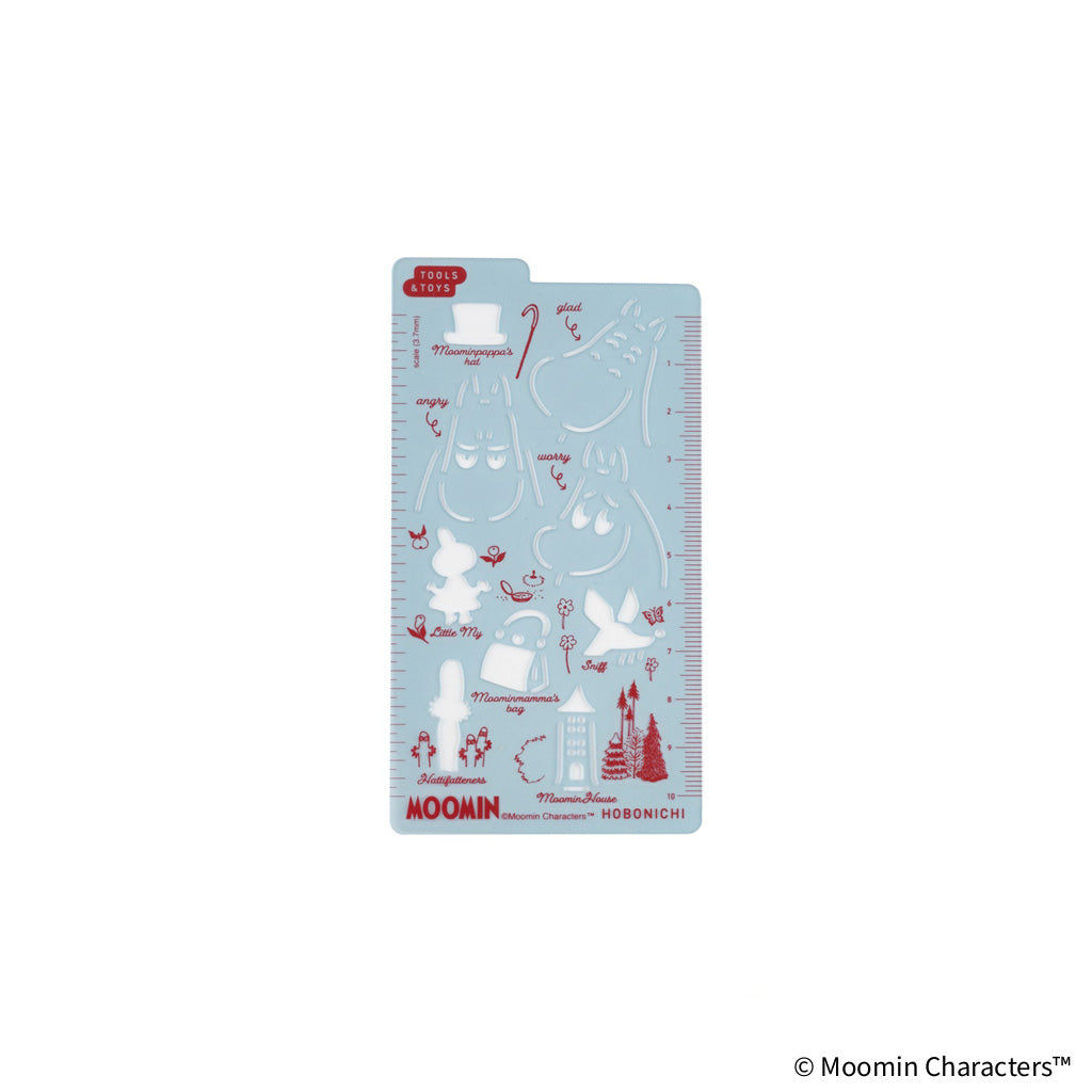 A Moomin-themed plastic craft stencil with various character cutouts, shown on a plain white background.