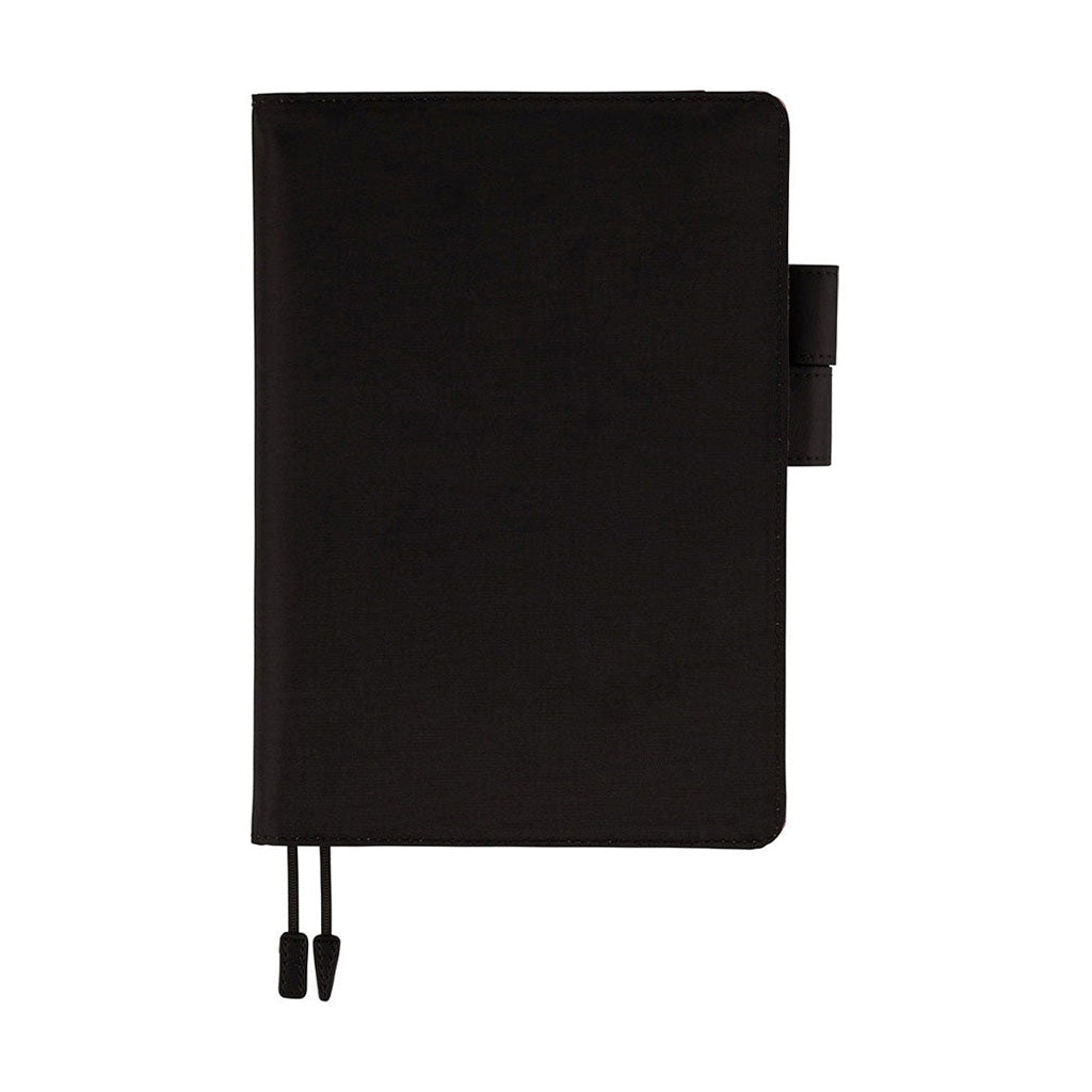 Black Hobonichi A5 cover with pen loops and bookmark on white background