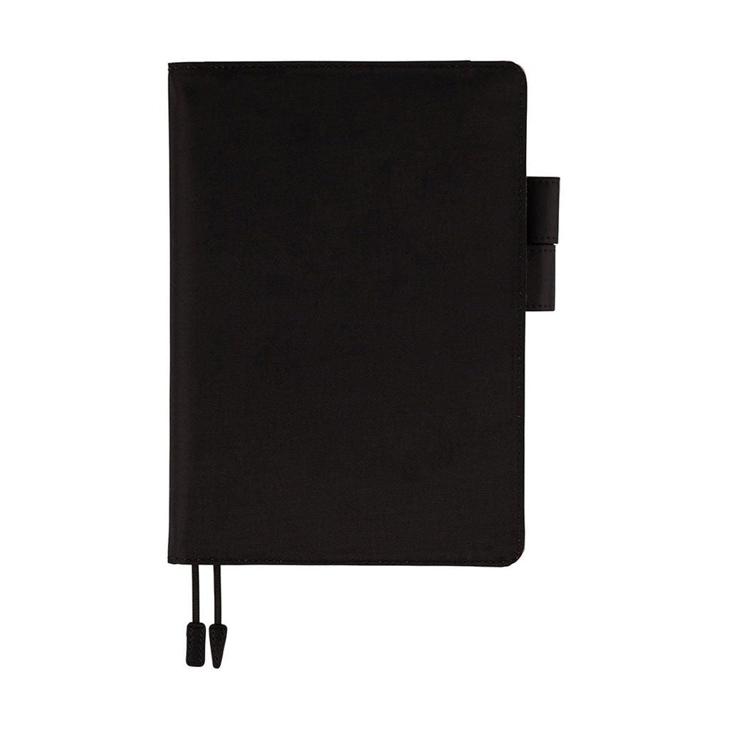 Black Hobonichi A5 cover with pen loops and bookmark on white background