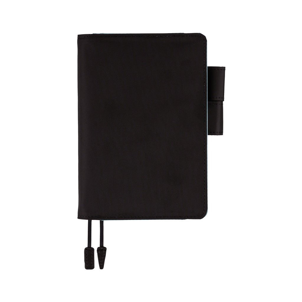 Black Hobonichi A6 cover with pen loops and bookmark on white background