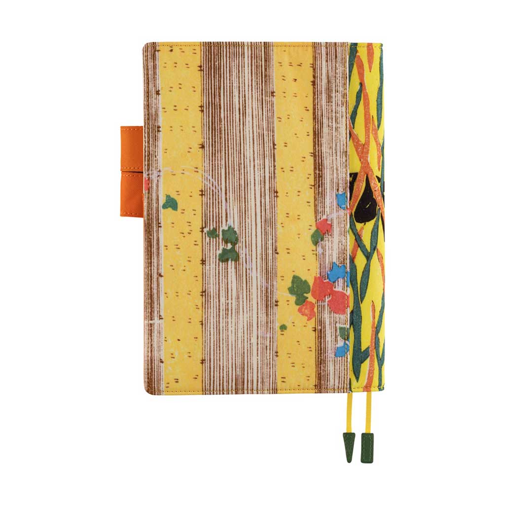 Back of Hobonichi Unsodo A5 Cousin Book in yellow cover with striped brown design, with orange and blue flowers and two orange pen loops against white background