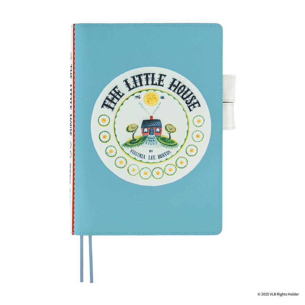 Light blue cover for Hobonichi A5 Cousin Techo planner with white circle, daisies, and house illustrated with The Little House by Virginia Lee Burton on front on white background