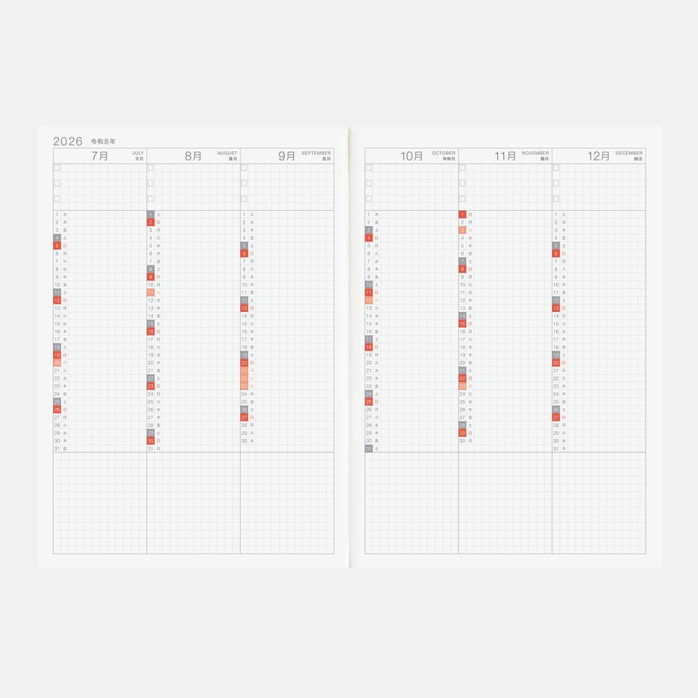 Month at a glance spread of Hobonichi Techo 2026 Cousin A5 Spring Start planner on white background