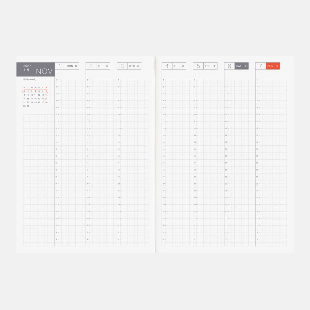 An open A5 Hobonichi Techo 2027 Cousin planner book with weekly spread for November 2027 on white background