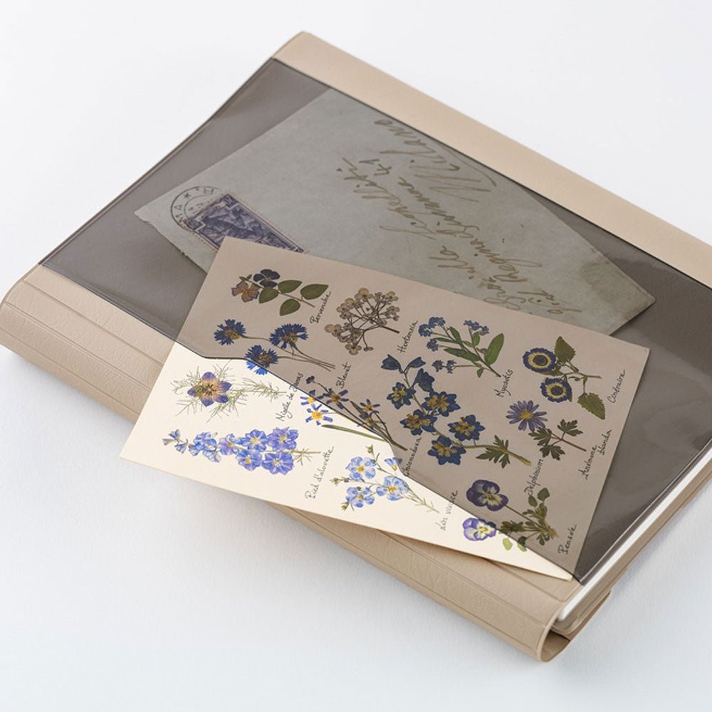 The outside transparent back pocket of a Hobonichi Alettone cover holding an envelope and a floral postcard on a white background.