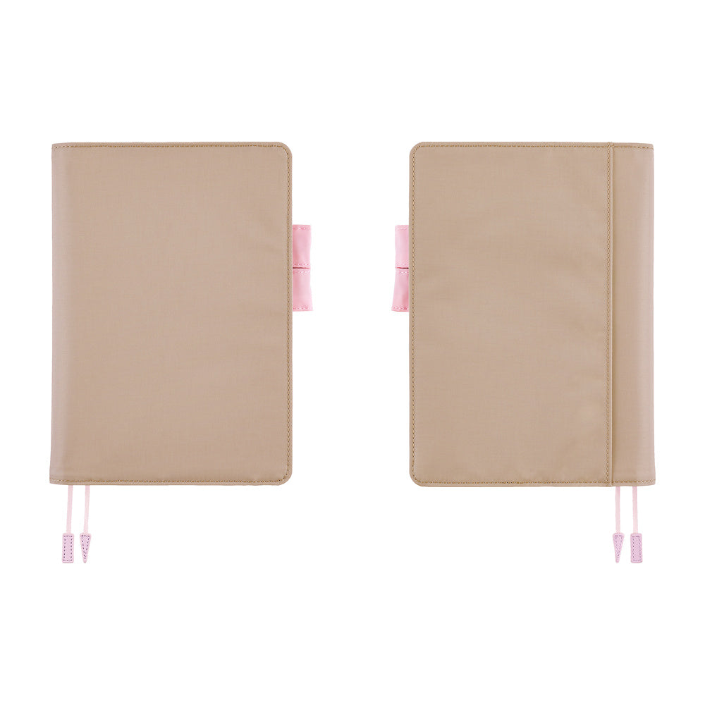 Two views of a greige Hobonichi Techo cover on a white background, showing the front and back with pink pen loops and ribbon bookmarks.