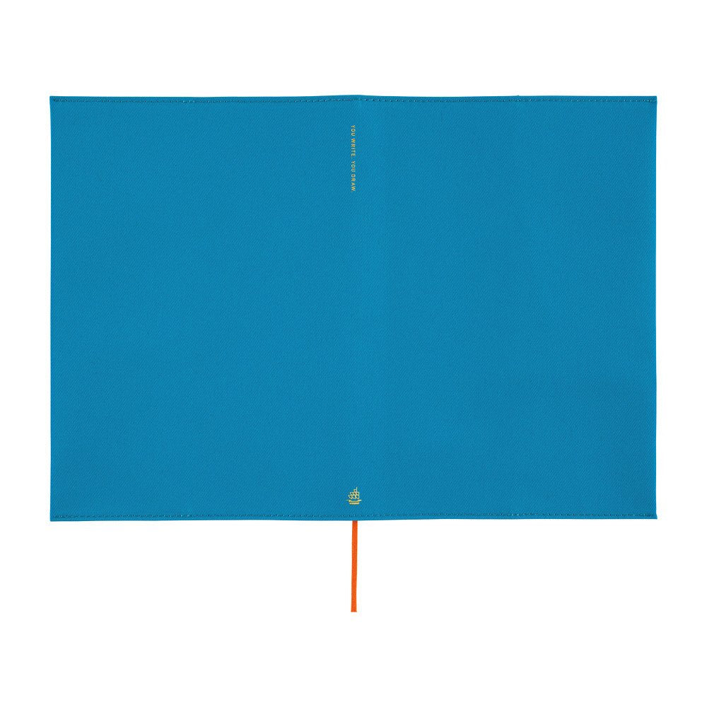 A blue Hobonichi Techo cover laying flat with a bright red bookmark ribbon and a small gold text on the spine, displayed flat against a white background.