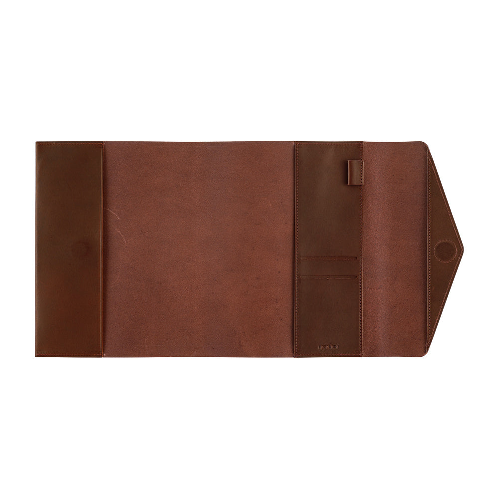 A brown leather Hononichi Techo cover shown open against a plain white background, featuring card slots, a pen loop, and a pointed closure flap on the right side.