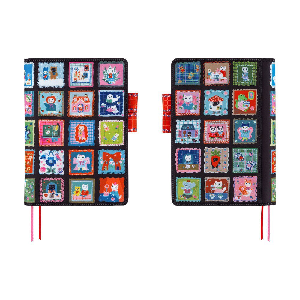 A side by side view of the front and back of a Hobonichi Techo cover featuring a colorful patchwork design of whimsical cat illustrations on a white background.