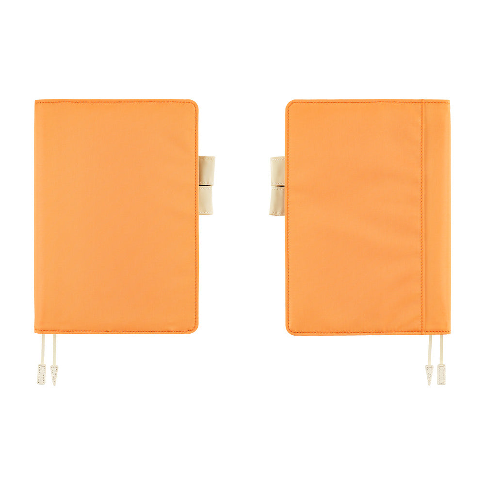 Two orange planner covers shown side by side on a plain white background, each with ivory loop details and bookmark strings.