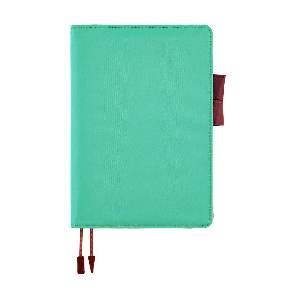 Turquoise colored Hobonichi Techo cover with contrast dark red brown pen loops, and two ribbon bookmarks with tabs shown on a plain white background.