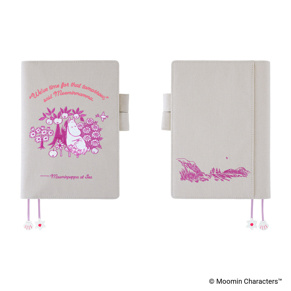 Two views of a Moominpappa at Sea journal cover on a white background. The left view shows the front cover with a pink illustration of Moominpappa along with a quote and the right view shows the back cover with a pink embroidered landscape.